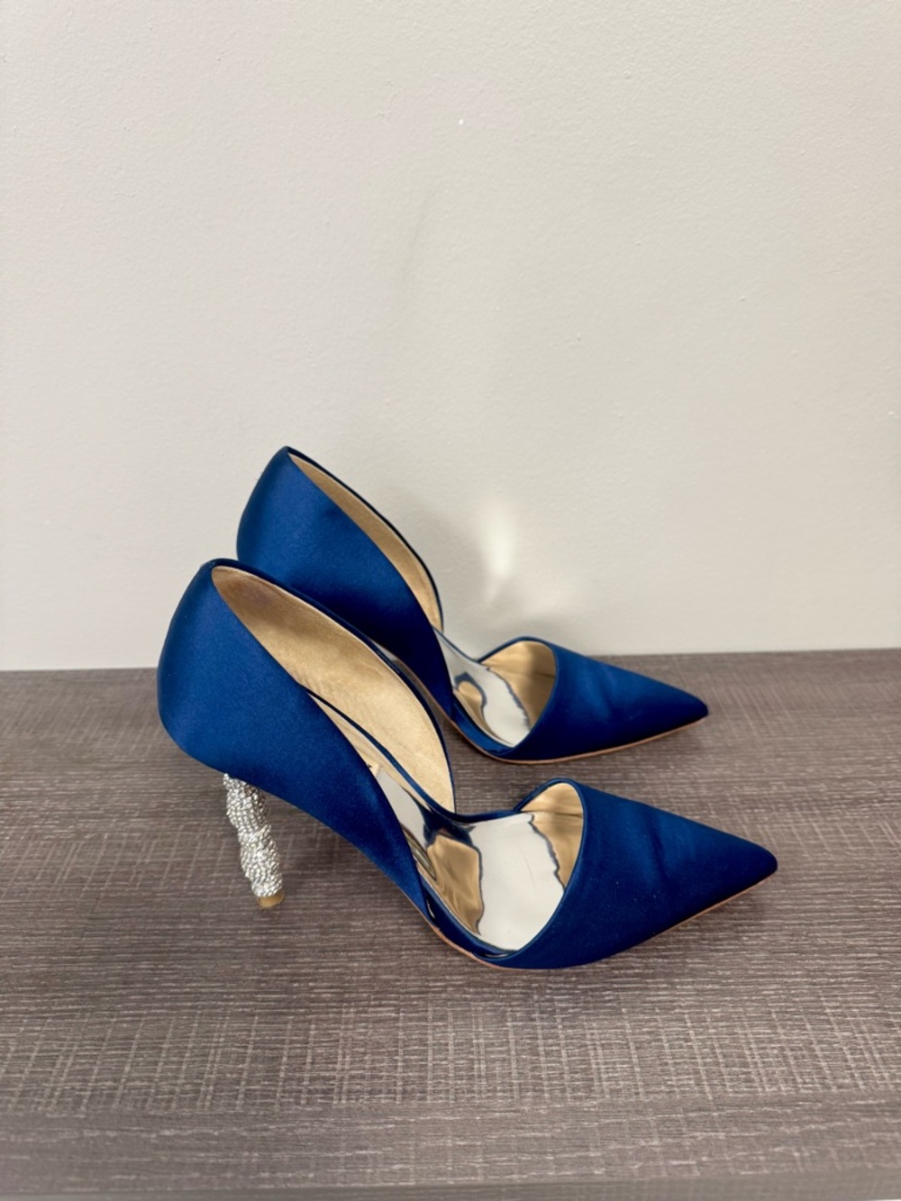 Badgley Mischka Royal Blue Satin Pointed Pumps with Crystal Cluster Heel